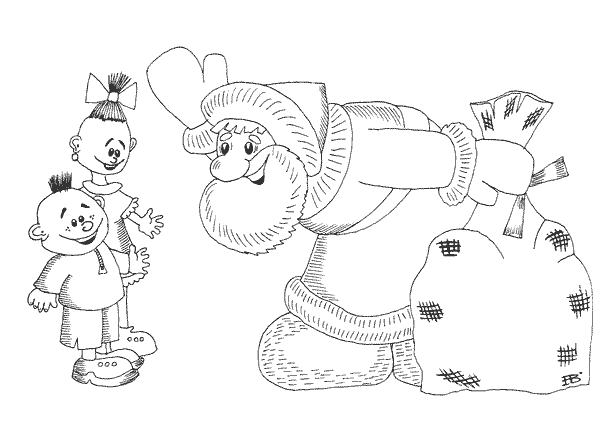Дети и Дед Мороз контурная картинка раскраска